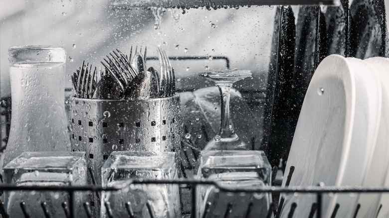 Cutlery and dishes in a dishwasher