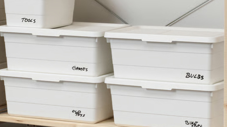 IKEA SOCKERBIT bins stacked and labeled with markers