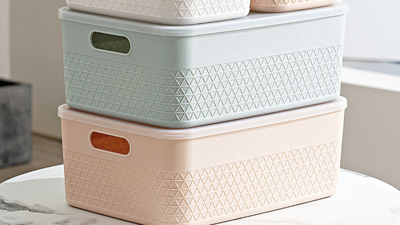 Rebrilliant Plastic Storage Tub & Totes in mint green, light pink, and white