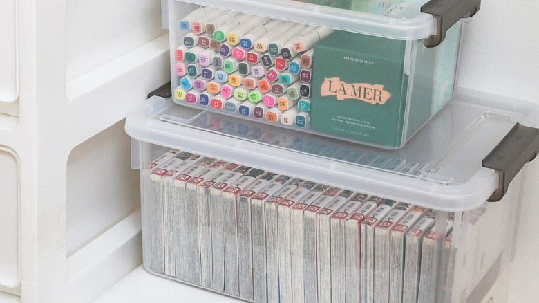 Walmart's ANYWISH Clear Storage Bins with Lids holding books, markers, and skincare