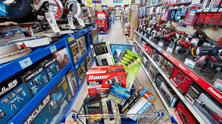 A trolley full of tools inside a Harbor Freight store