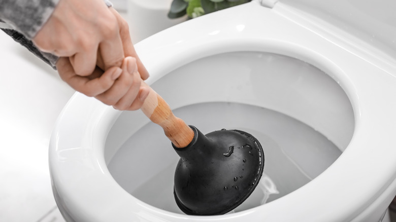 person using plunger in toilet