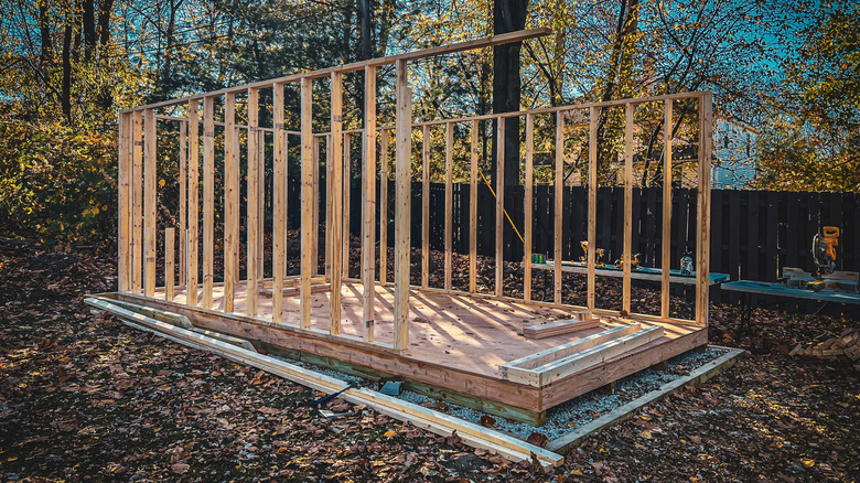 backyard shed starting to be built on base