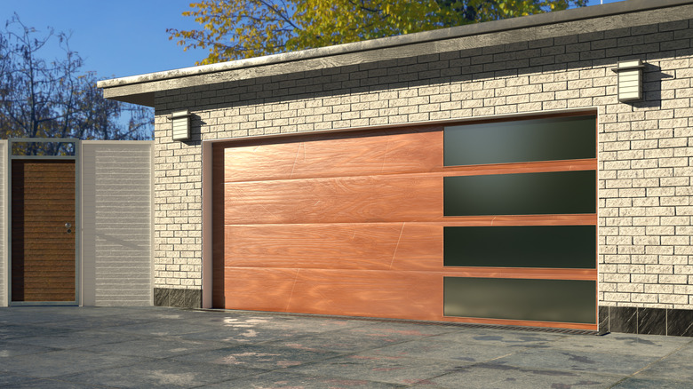 modern wood overlay garage door with side windows