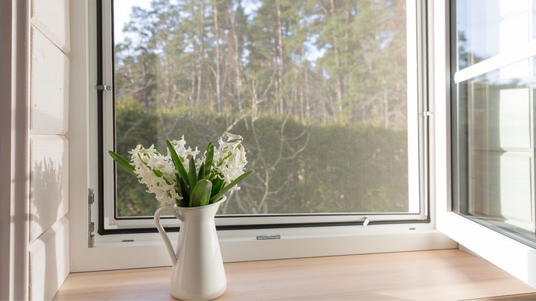 open window with flower vase