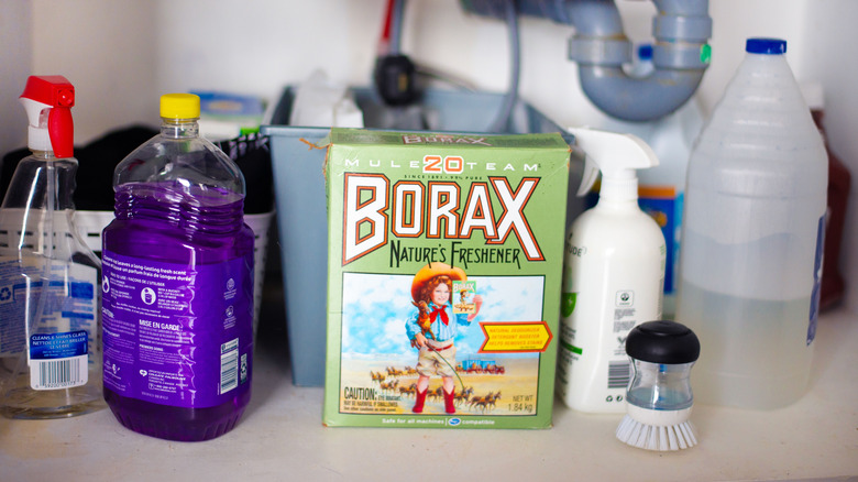 borax with other cleaning supplies under sink