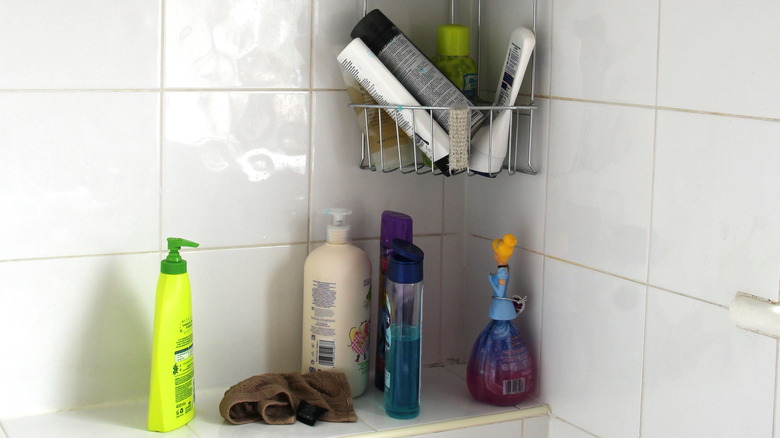 cluttered shower corner
