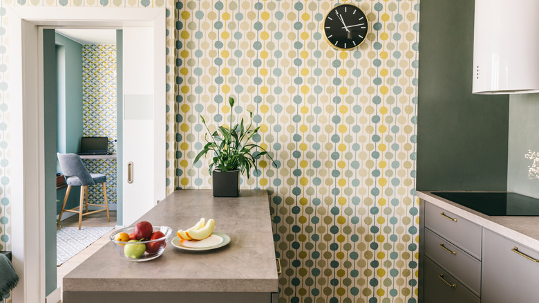 Scandinavian kitchen design with wallpaper