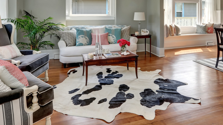 Living room with cowhide rug