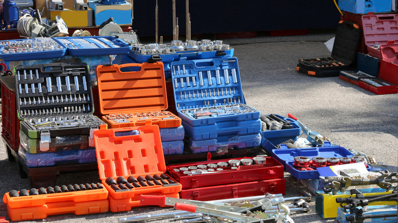Different tools on display at hardware store.