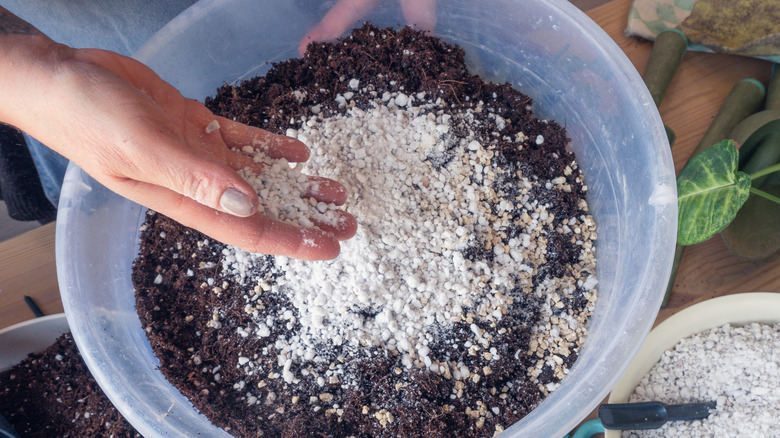 person mixing soil by hand