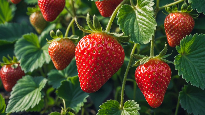 A healthy strawberry plant with ripened fruit ready for picking.