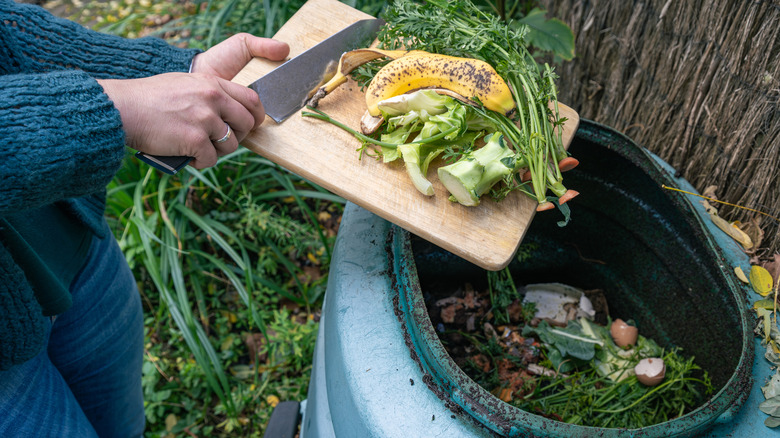 A woman places scraps in a compost bin.