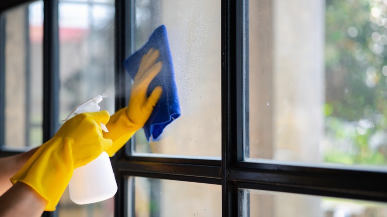 cleaning window with cloth