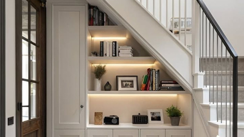 Shelving with trinkets, books, photos, and plants beneath a staircase