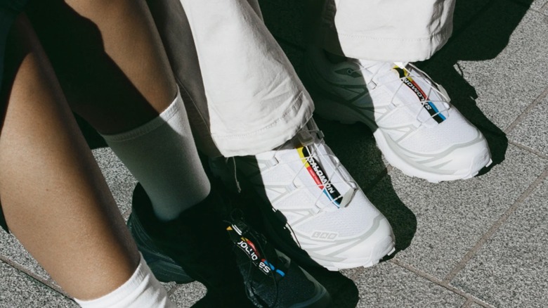 Close up white salomon gore-tex shoes