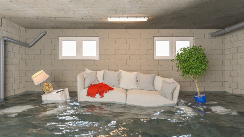 flooded basement with floating furniture