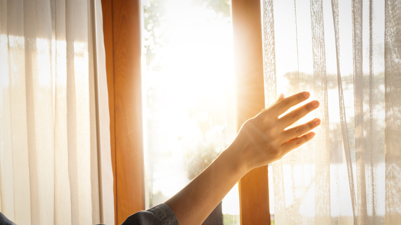 Woman's hand in front of window with sheer curtains and sun beaming through