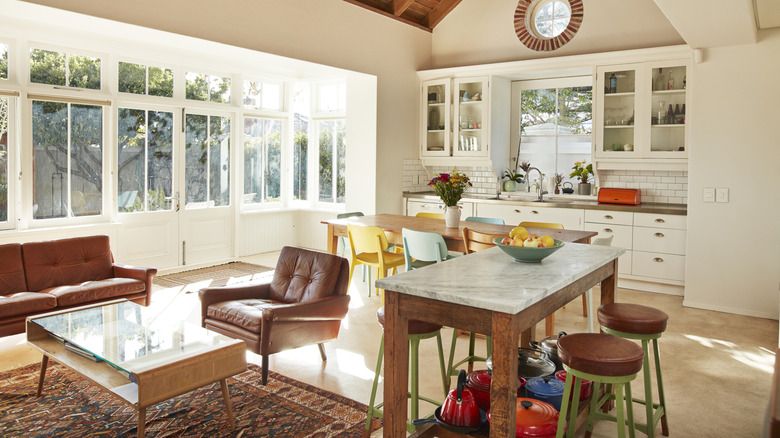 Open floor plan living room next to kitchen