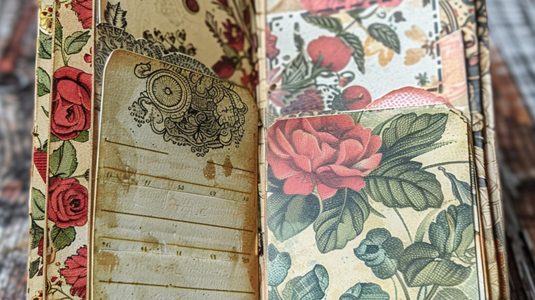 A close up of a colorful journal filled with decorative pages and roses on vintage-looking paper