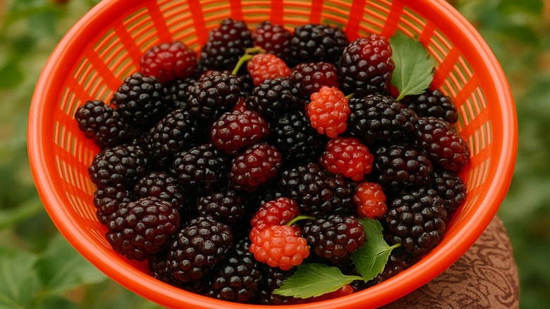 Red bowl full of ripe mulberries.