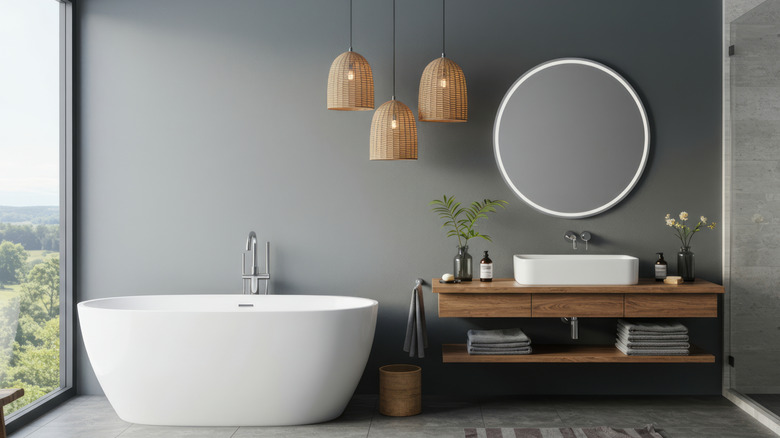 Modern bathroom interior with white tub, gray wall, and floating wooden vanity