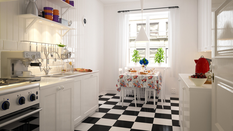 Checkered tile kitchen floor