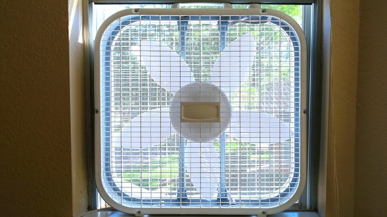 White box fan sitting in apartment window