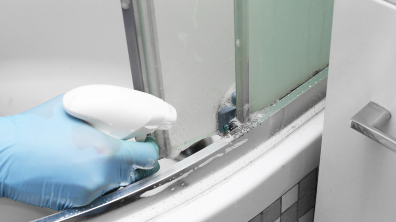 person spraying cleaning solution on moldy shower frame