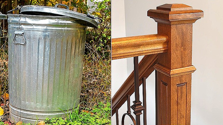 Split post of a metal garbage can in a yard, and a close-up of a staircase's wooden newel post