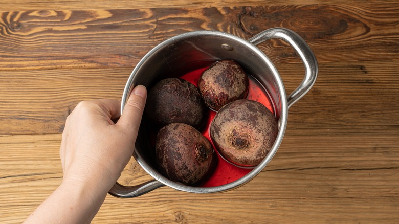 boiled beets cooling on counter