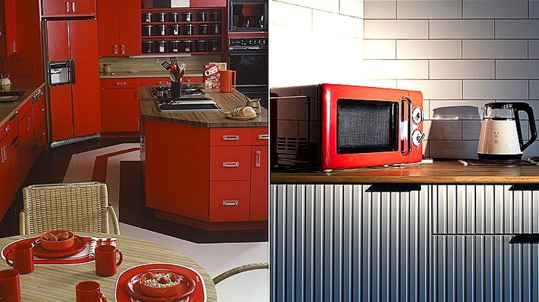 Split image of a red kitchen from the late 1970s and a red microwave on a wood-top counter