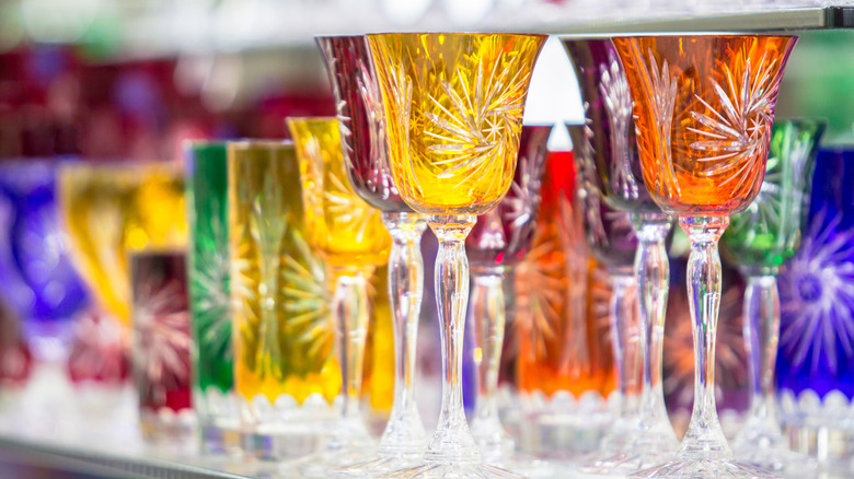 wine glasses of Bohemian glass on a shelf