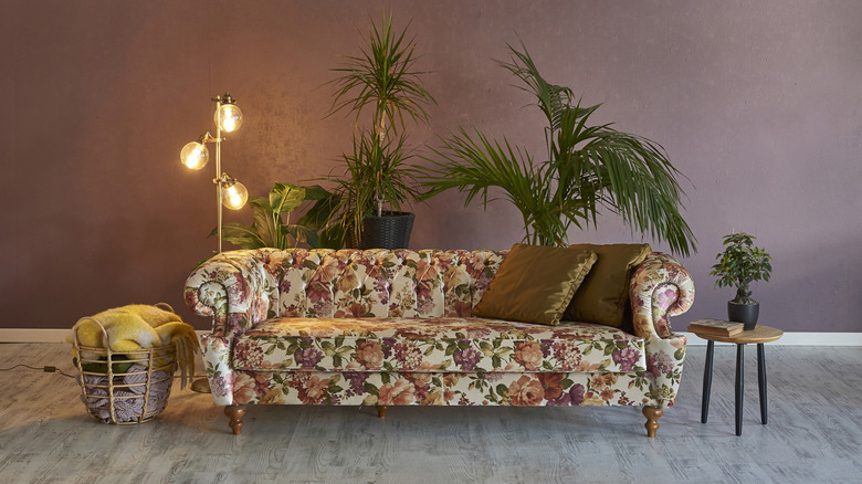 Stylish living room space with a floral patterned sofa