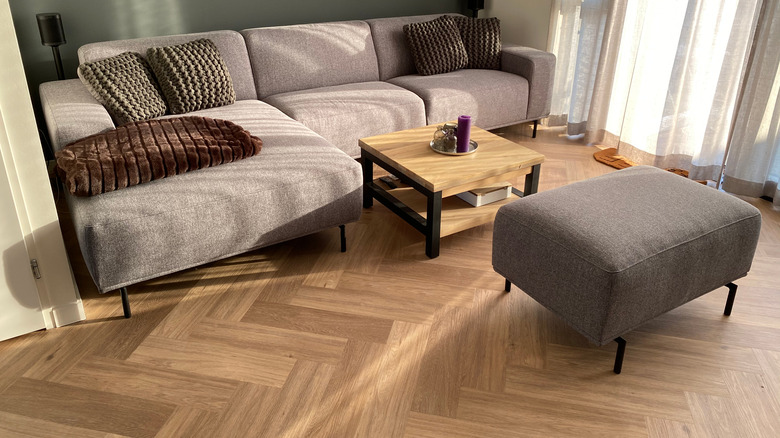 Herringbone floors in living room