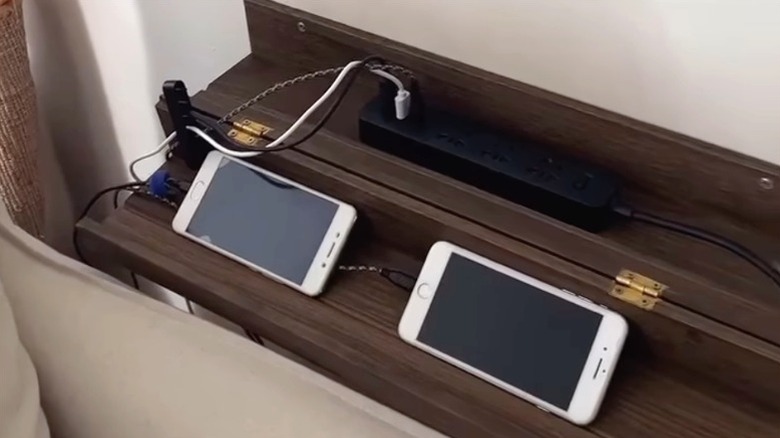 DIY MOSSLANDA charging station open and holding two phones and power strip