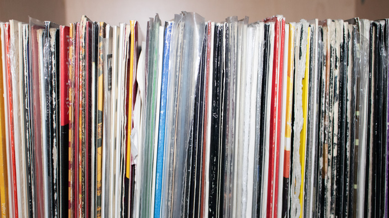 Vinyl records wrapped in plastic and stacked against one another in a shelf.