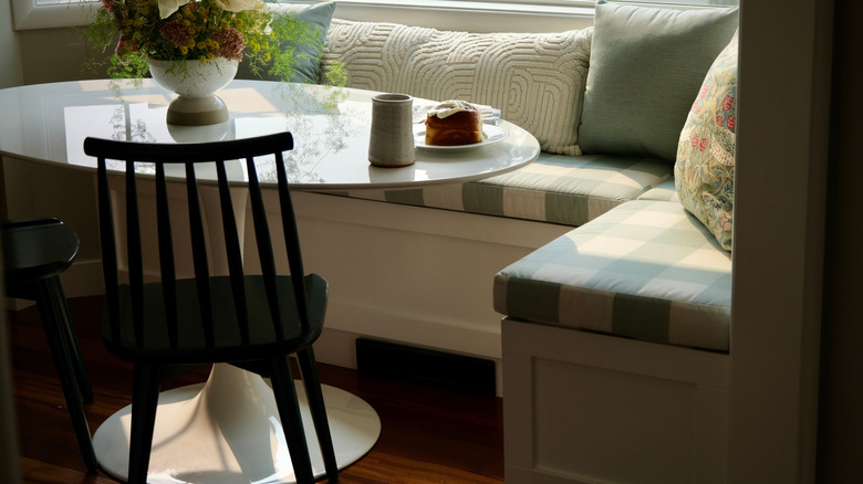 Wooden banquette seating in a kitchen