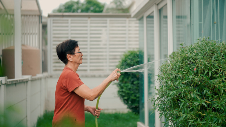 A senior woman using a garden hose outside to clean the exterior walls of her home.