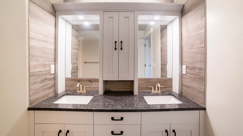 bathroom vanity with cabinet and double sinks 