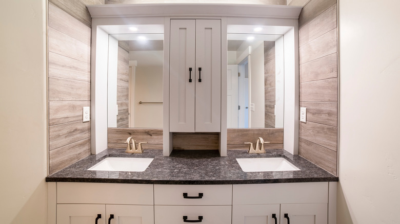 bathroom vanity with cabinet and double sinks 