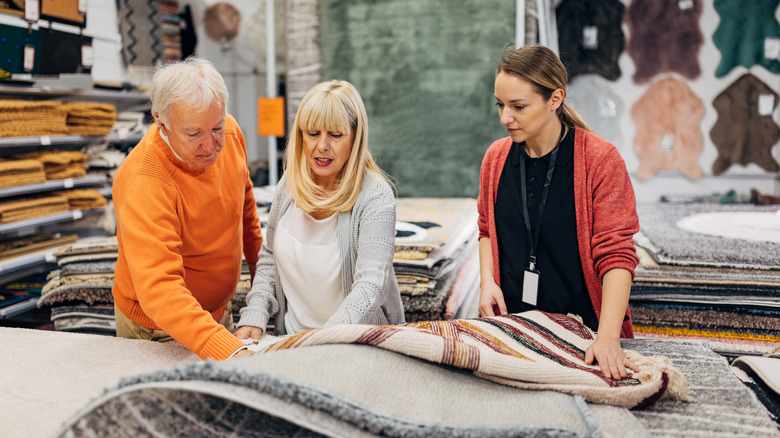 A couple look at carpets and rugs in a store with a sales person.