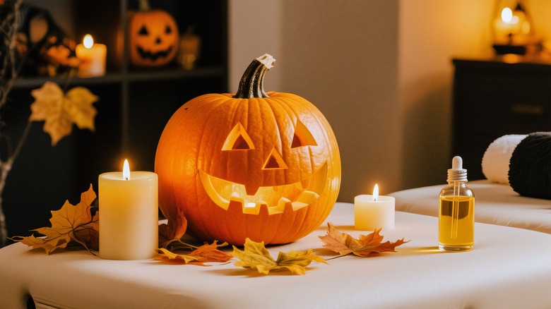 A carved pumpkin on table beside autumn decorations