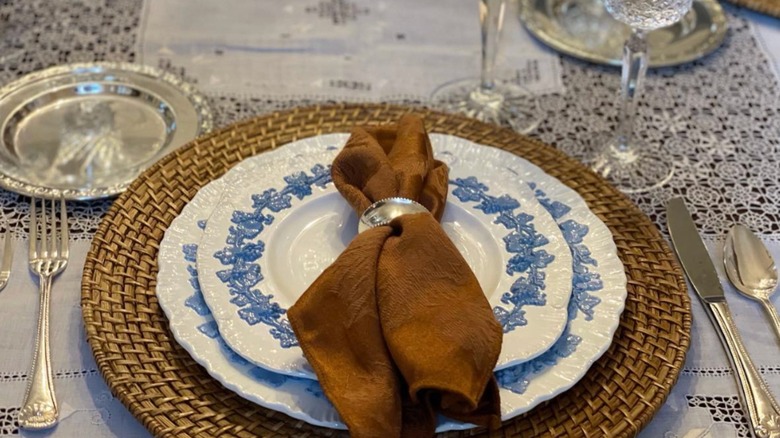 Blue and white Queen's Ware on table setting.