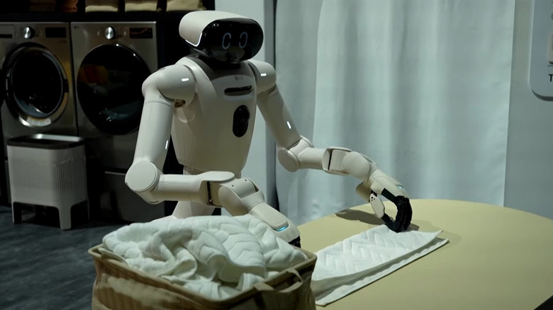 View of LG CLOiD robot folding laundry (towels) at CES 2026