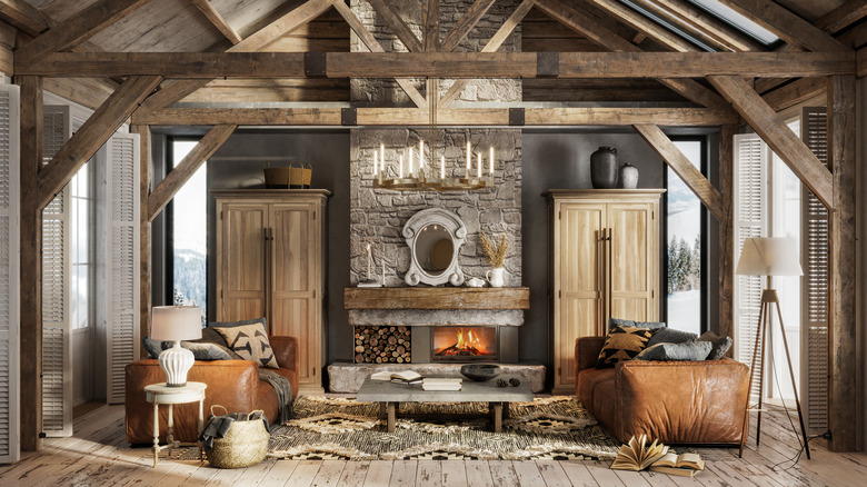 A cozy residential living room decorated in the alpine chic interior design style.