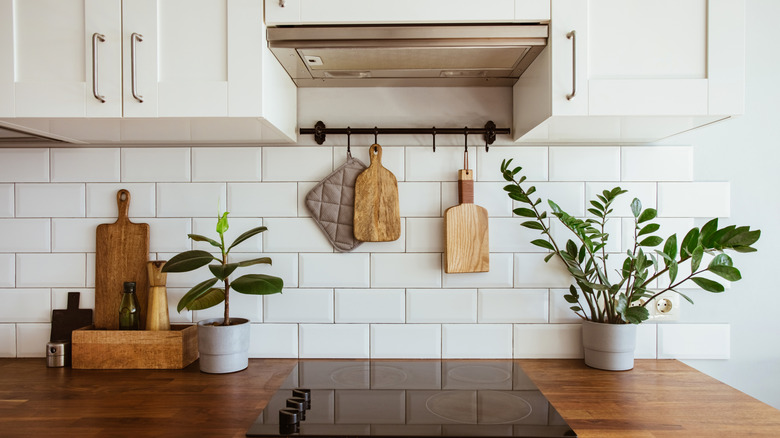 Clean kitchen with white cabinets and subway tile backsplash, wood countertops, and potted plants