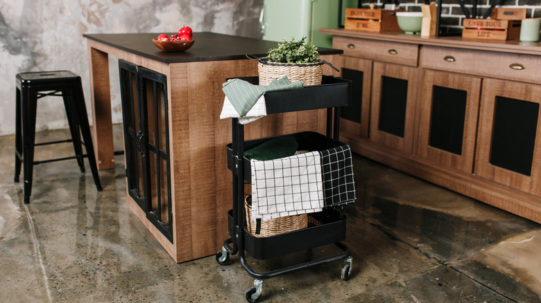 black rolling cart in kitchen