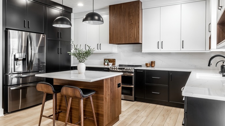 Marble slab backsplash in kitchen