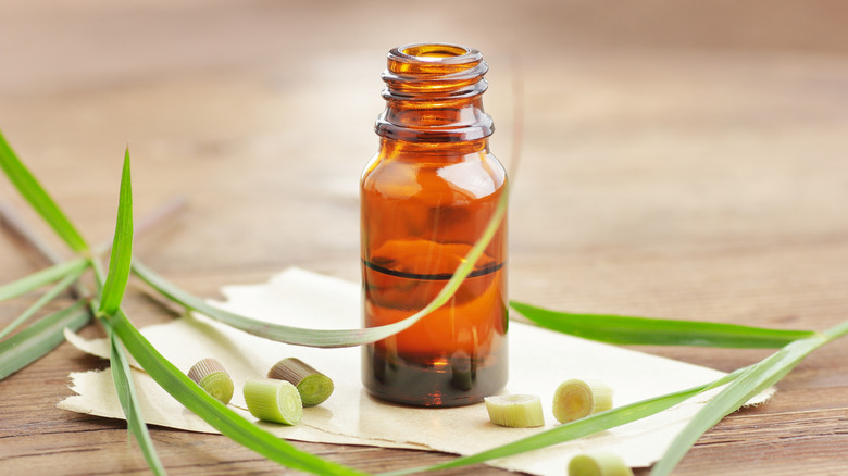 A brown bottle of essential oil is surrounded by blades of grass